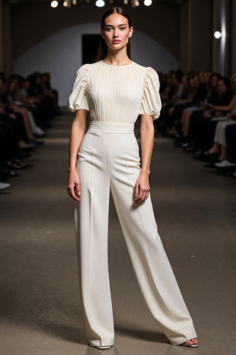 Ivory Round Neck 2 Pieces Blouses and Pantsuits with Sleeves