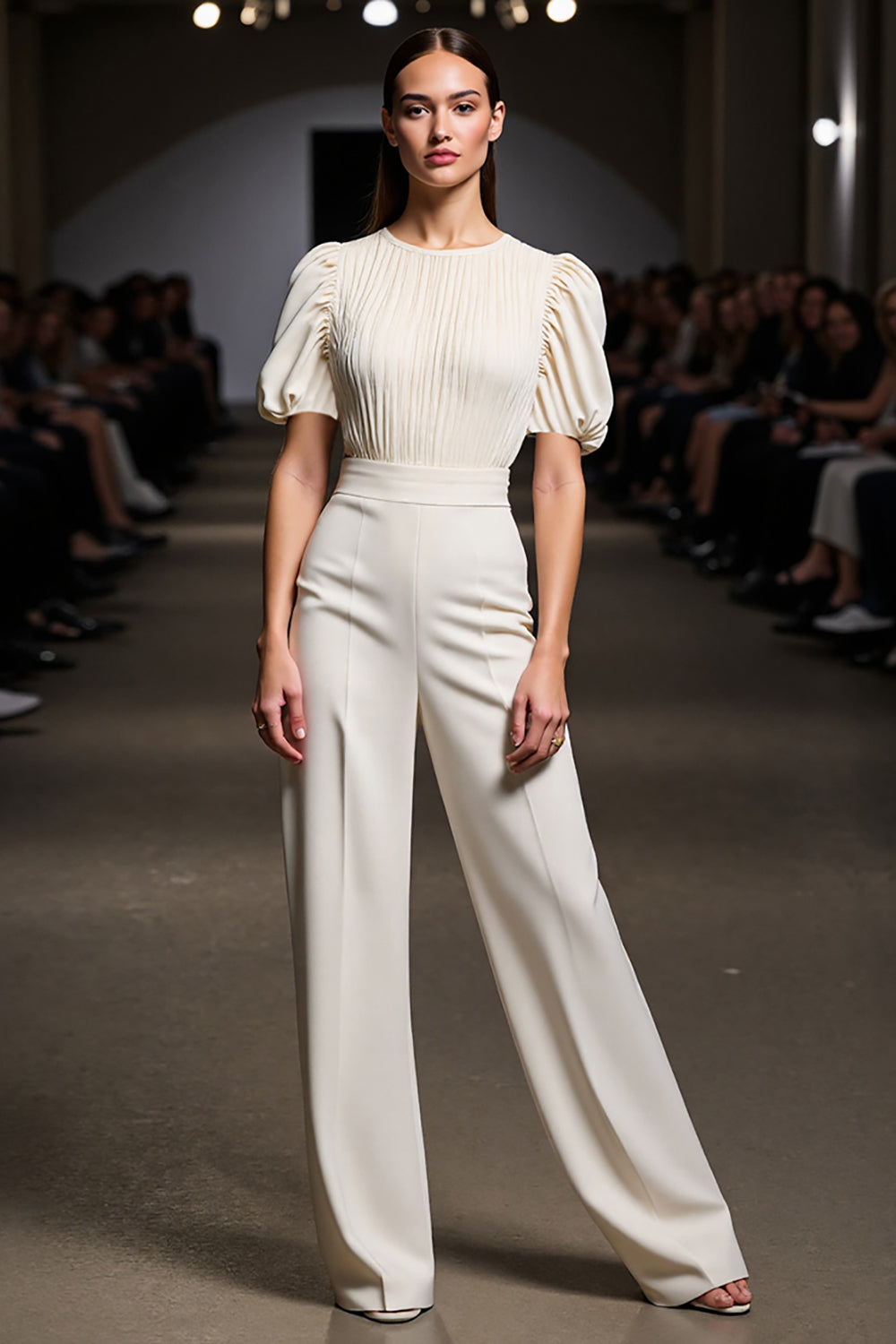 Ivory Round Neck 2 Pieces Blouses and Pantsuits with Sleeves