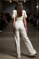 Load image into Gallery viewer, Ivory Round Neck 2 Pieces Blouses and Pantsuits with Sleeves