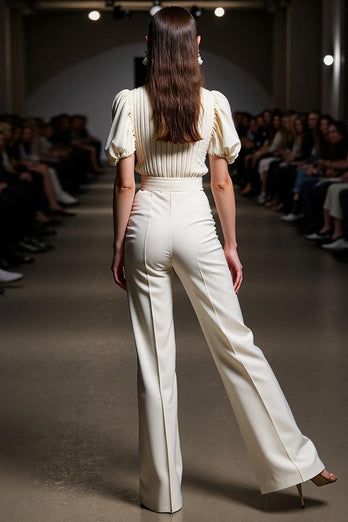 Ivory Round Neck 2 Pieces Blouses and Pantsuits with Sleeves