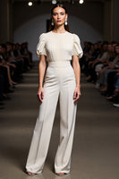 Load image into Gallery viewer, Ivory Round Neck 2 Pieces Blouses and Pantsuits with Sleeves