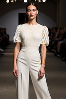 Load image into Gallery viewer, Ivory Round Neck 2 Pieces Blouses and Pantsuits with Sleeves