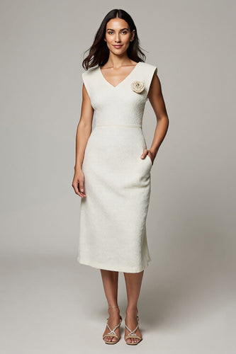 Simple White Pencil Midi Work Dress with 3D Flowers with V-Neck