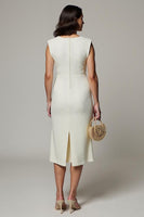 Load image into Gallery viewer, Simple White Pencil Midi Work Dress with 3D Flowers with V-Neck