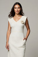Load image into Gallery viewer, Simple White Pencil Midi Work Dress with 3D Flowers with V-Neck
