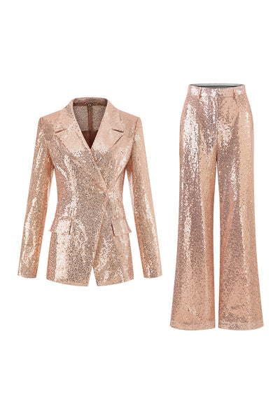 Sparkly Notched Lapel Golden 2 Piece Women Suits with Sleeves