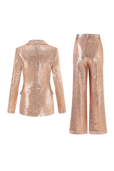 Sparkly Notched Lapel Golden 2 Piece Women Suits with Sleeves