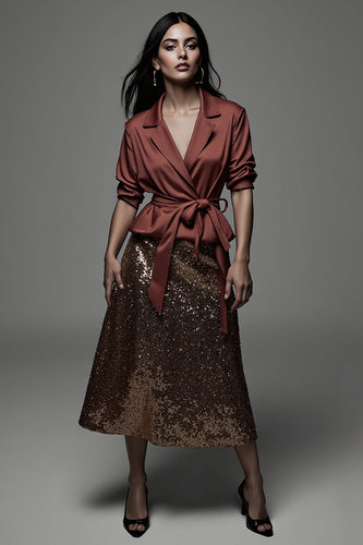 Sparkly Notched Lapel Terracotta 2 Piece Midi Blouses and Skirt with Sash