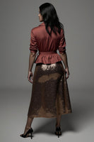 Load image into Gallery viewer, Sparkly Notched Lapel Terracotta 2 Piece Midi Blouses and Skirt with Sash