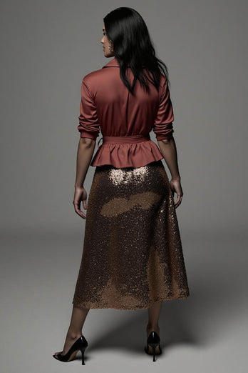 Sparkly Notched Lapel Terracotta 2 Piece Midi Blouses and Skirt with Sash