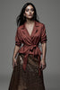 Load image into Gallery viewer, Sparkly Notched Lapel Terracotta 2 Piece Midi Blouses and Skirt with Sash
