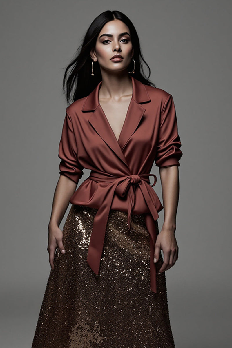 Load image into Gallery viewer, Sparkly Notched Lapel Terracotta 2 Piece Midi Blouses and Skirt with Sash