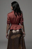Load image into Gallery viewer, Sparkly Notched Lapel Terracotta 2 Piece Midi Blouses and Skirt with Sash