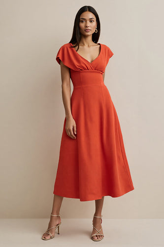 Orange V-Neck A Line Maxi Satin Work Dress with Sleeves