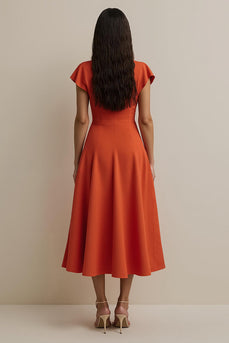 Orange V-Neck A Line Maxi Satin Work Dress with Sleeves