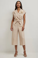Load image into Gallery viewer, Khaki Notched Lapel Satin Work Jumpsuits with 3D Flowers