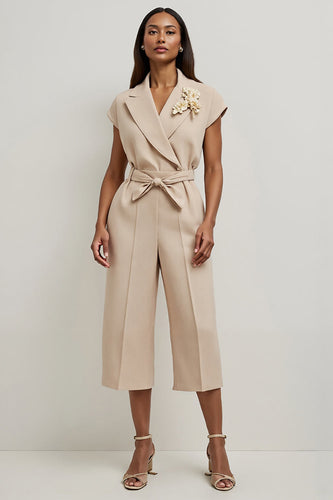 Khaki Notched Lapel Satin Work Jumpsuits with 3D Flowers