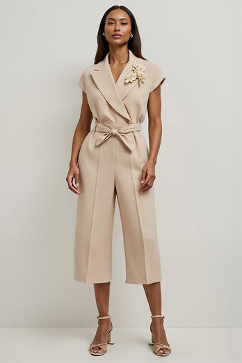 Khaki Notched Lapel Satin Work Jumpsuits with 3D Flowers