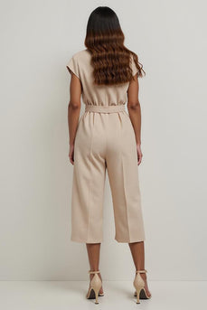 Khaki Notched Lapel Satin Work Jumpsuits with 3D Flowers