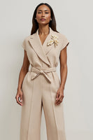 Load image into Gallery viewer, Khaki Notched Lapel Satin Work Jumpsuits with 3D Flowers