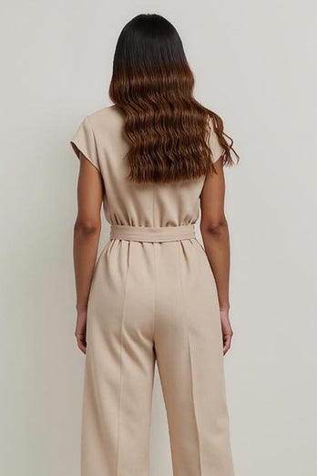 Khaki Notched Lapel Satin Work Jumpsuits with 3D Flowers