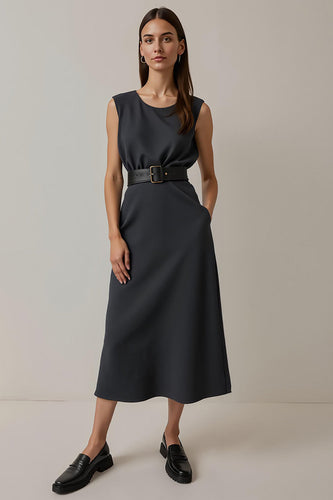 Simple Round Neck Navy Pencil Maxi Work Dress with Pockets
