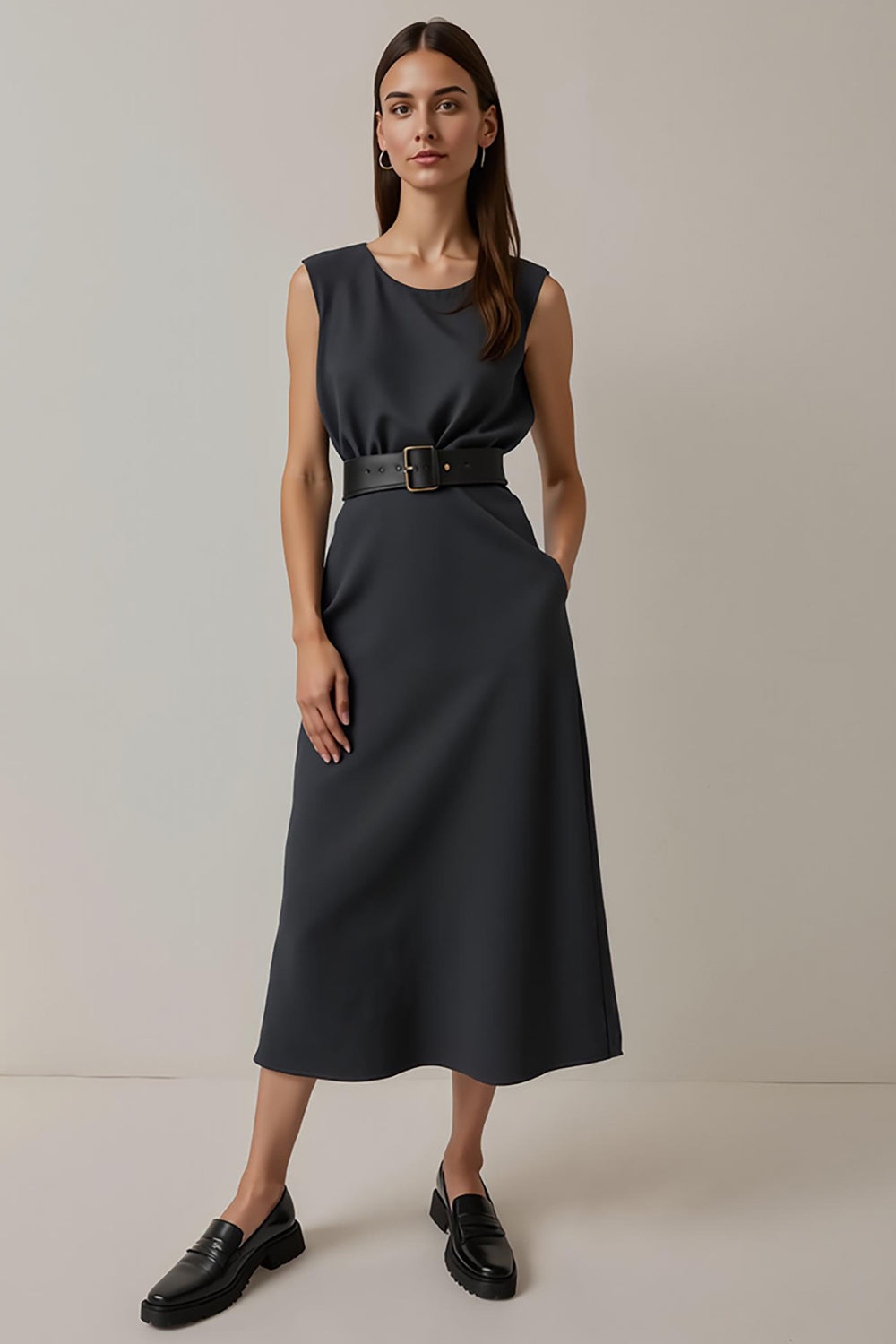 Simple Round Neck Navy Pencil Maxi Work Dress with Pockets