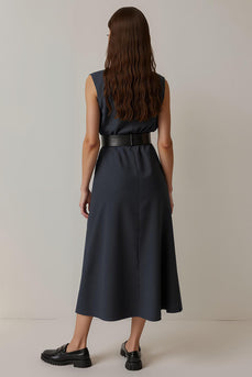Simple Round Neck Navy Pencil Maxi Work Dress with Pockets