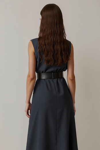 Simple Round Neck Navy Pencil Maxi Work Dress with Pockets