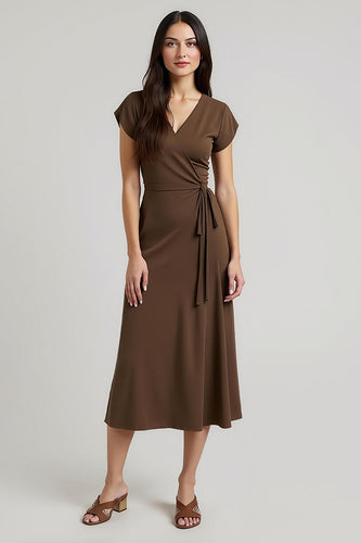 V-Neck Brown Cap Sleeves Midi Work Dress with Sash