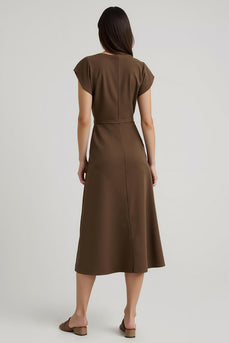 V-Neck Brown Cap Sleeves Midi Work Dress with Sash