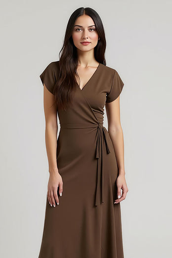 V-Neck Brown Cap Sleeves Midi Work Dress with Sash