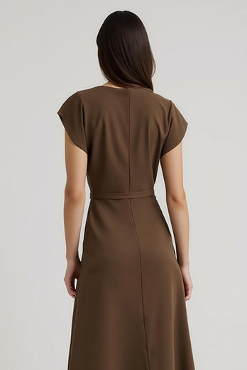 V-Neck Brown Cap Sleeves Midi Work Dress with Sash