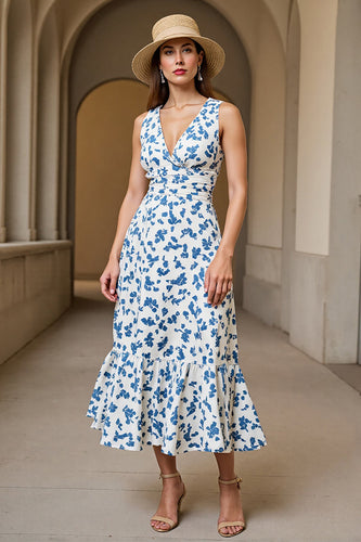 White Blue V-Neck A Line Printed Long Wedding Guest Dress