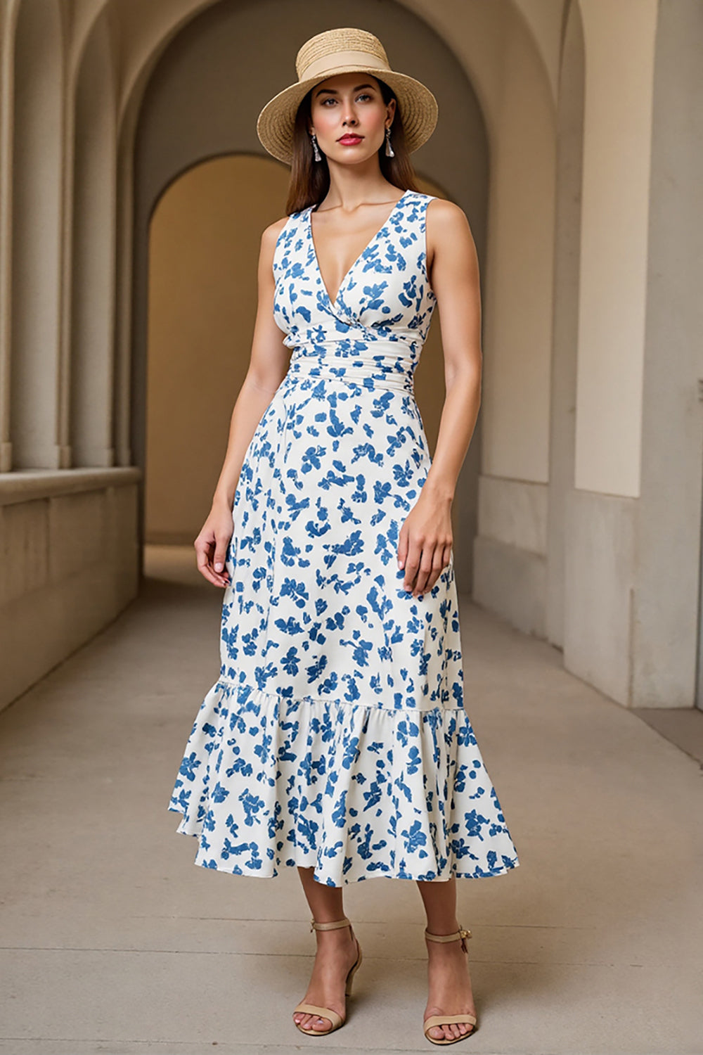 White Blue V-Neck A Line Printed Long Wedding Guest Dress