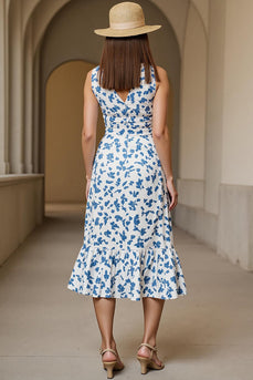 White Blue V-Neck A Line Printed Long Wedding Guest Dress