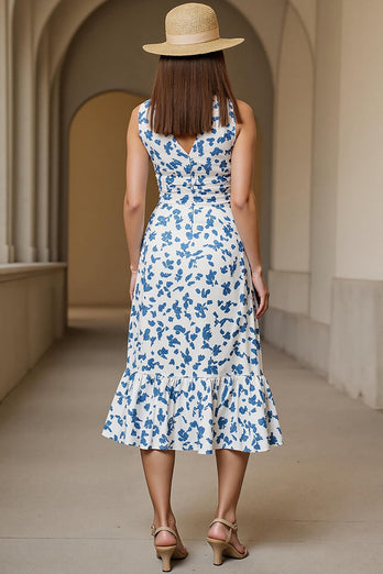 White Blue V-Neck A Line Printed Long Wedding Guest Dress