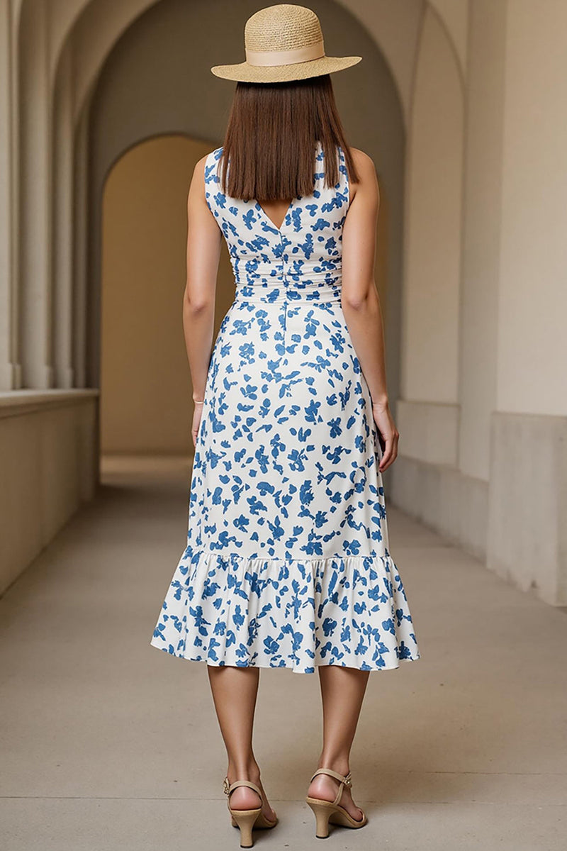 Load image into Gallery viewer, White Blue V-Neck A Line Printed Long Wedding Guest Dress