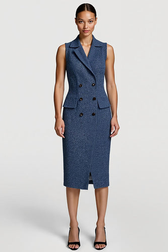 Grey Blue Tweed Notched Lapel Pencil Buttons Midi Blazer Dress