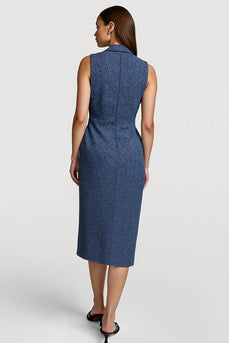 Grey Blue Tweed Notched Lapel Pencil Buttons Midi Blazer Dress