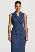 Load image into Gallery viewer, Grey Blue Tweed Notched Lapel Pencil Buttons Midi Blazer Dress