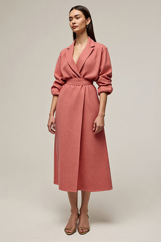 Coral A Line Notched Lapel Maxi Blazer Dress with Sleeves