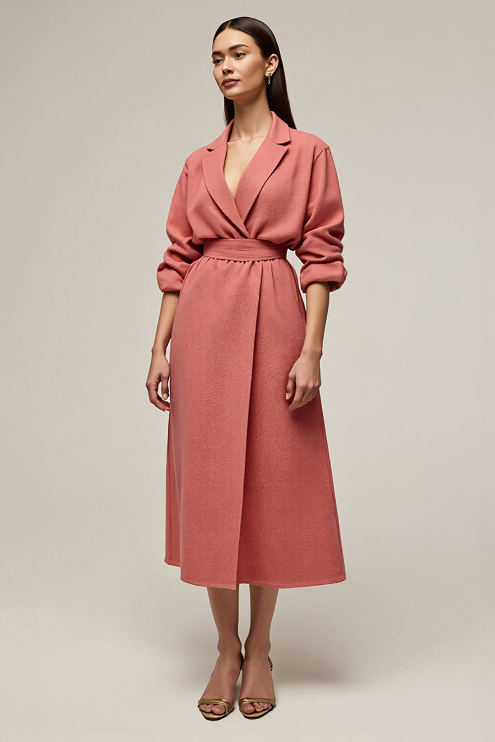 Coral A Line Notched Lapel Maxi Blazer Dress with Sleeves