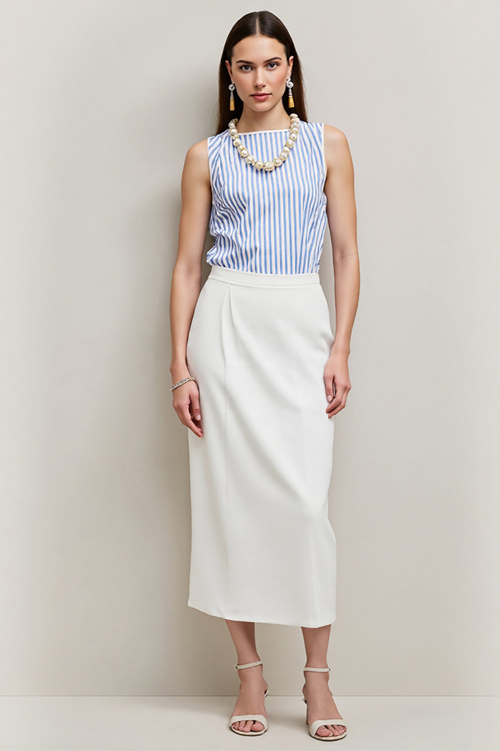 White Blue Bateau Pencil 2 Piece Blouses and Skirt with Slit