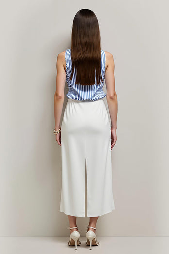 White Blue Bateau Pencil 2 Piece Blouses and Skirt with Slit