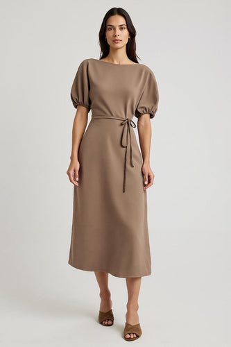 Coffee Bateau Pencil Short Sleeves Maxi Work Dress with Sash