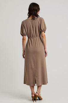 Coffee Bateau Pencil Short Sleeves Maxi Work Dress with Sash