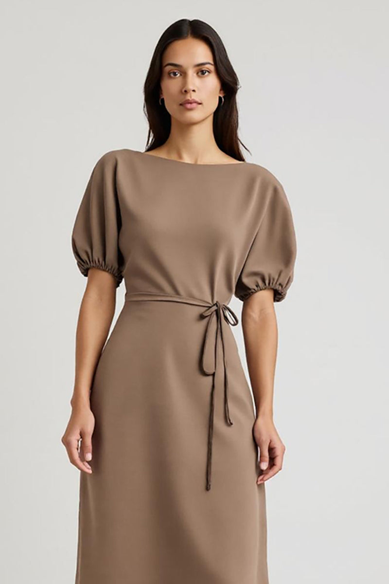 Load image into Gallery viewer, Coffee Bateau Pencil Short Sleeves Maxi Work Dress with Sash