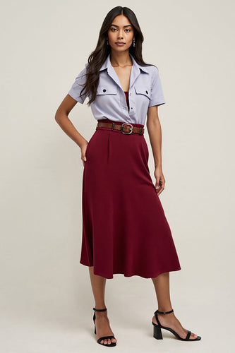 Burgundy 2 Piece Collar Neck Blouses and Skirt with Belts