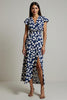 Load image into Gallery viewer, White Blue Printed V-Neck Slit Wedding Guest Dress with Long